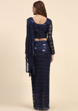 Blue Color Georgette Sequins Work Ready To Wear Saree