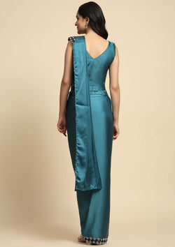 Teal Color Satin Silk Ready To Wear Saree With Readymade Blouse