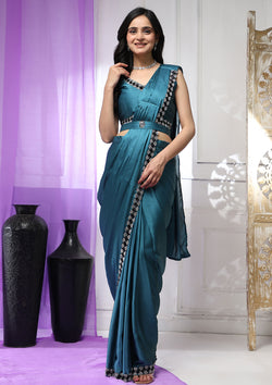 Teal Color Satin Silk Ready To Wear Saree With Readymade Blouse