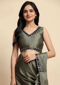Green Color Satin Silk Ready To Wear Saree With Readymade Blouse