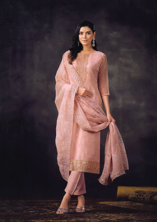 Peach Color Embroidered Organza Salwar Kameez For Traditional Occasions