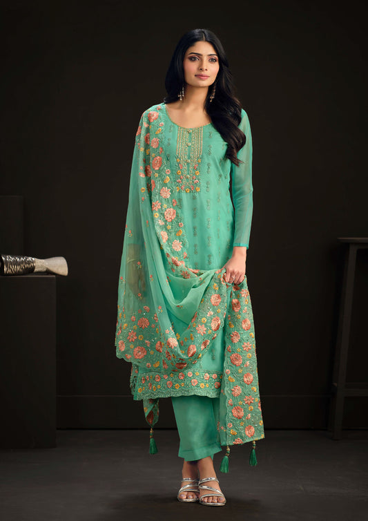 Sea Green Embroidered Organza Straight Suit