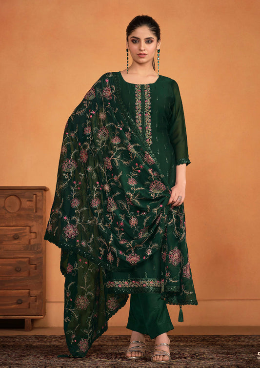 Traditional Green Color Embroidered Georgette Suit
