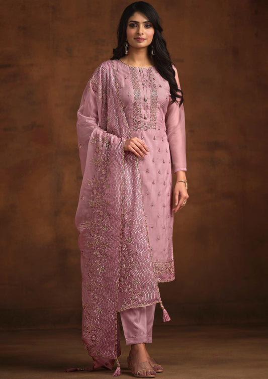 Pink Color Embroidered Organza Suit