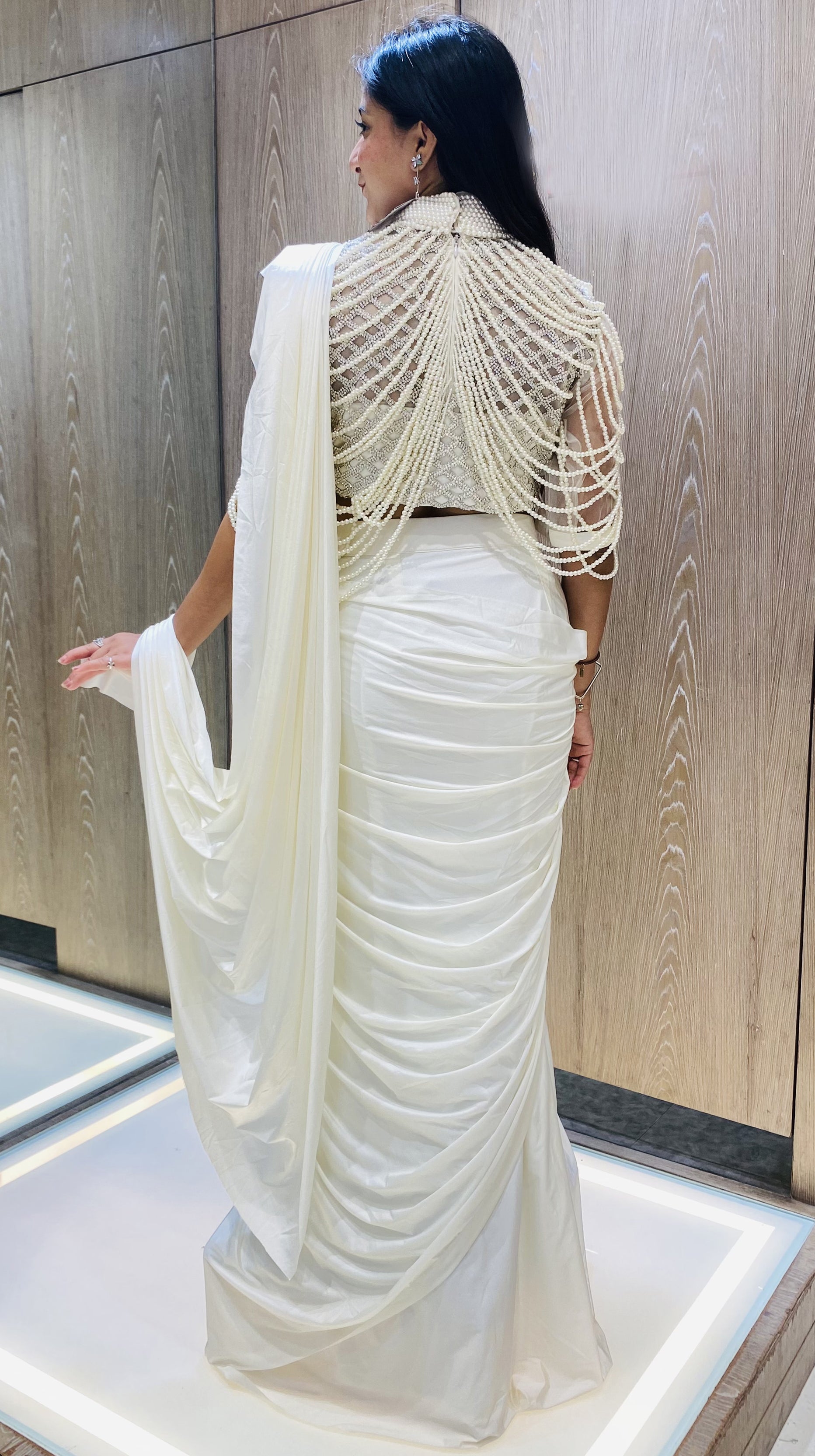 Off White Color Lycra Sequins Work Ready To Wear Designer Saree