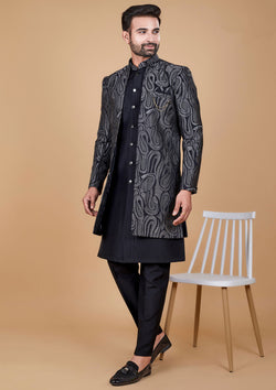 Black Color Jacquard Silk Thread Embroidered Indo Western
