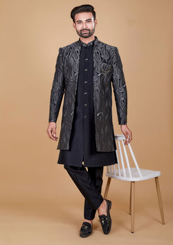 Black Color Jacquard Silk Thread Embroidered Indo Western
