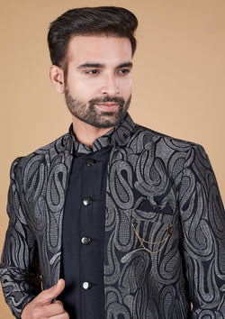 Black Color Jacquard Silk Thread Embroidered Indo Western