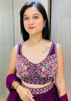 Purple Color Georgette Hand Work Wedding Wear Lehenga