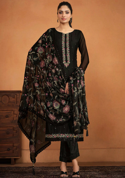Traditional Black Color Embroidered Georgette Suit