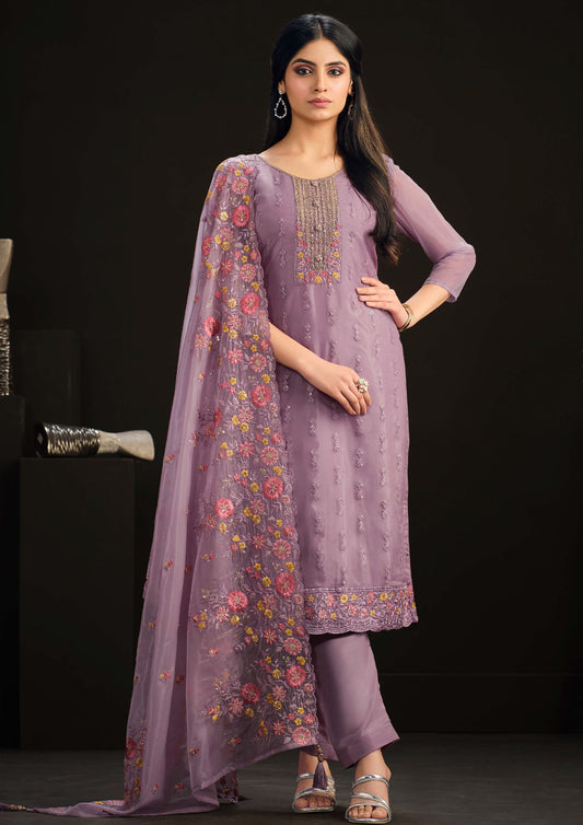Lavender Embroidered Organza Straight Suit