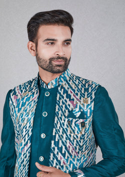 Teal Color Jacquard Silk Thread Sequins Work Indo Western
