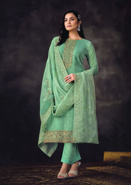 Sea Green Color Embroidered Organza Salwar Kameez For Traditional Occasions