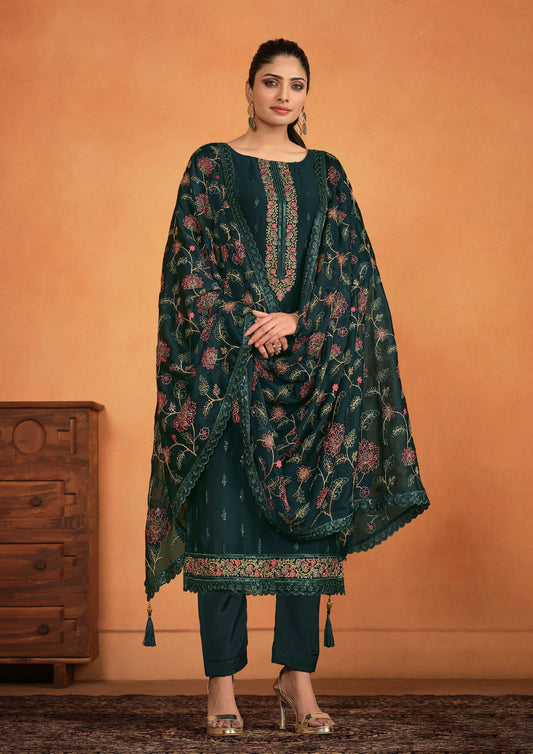 Traditional Teal Green Color Embroidered Georgette Suit