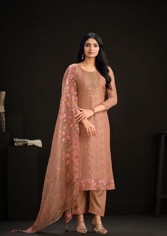 Peach Embroidered Organza Straight Suit