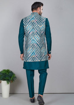 Teal Color Jacquard Silk Thread Sequins Work Indo Western