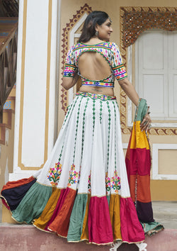 White Color Viscose Rayon Mirror Work Navratri Lehenga