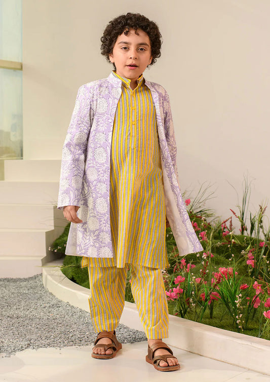 Yellow Color Cotton Kurta Pajama With Long Jacket