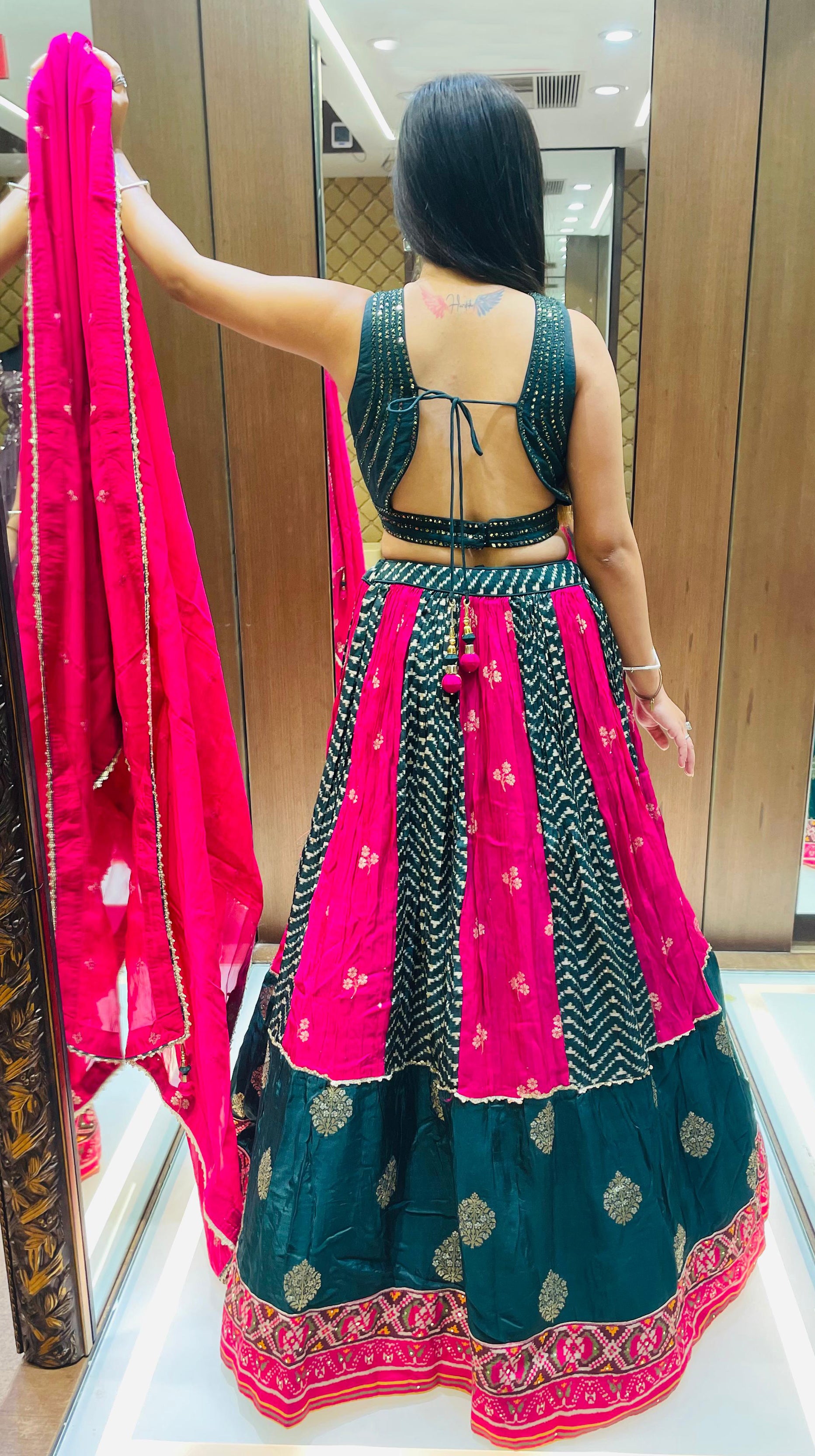 Rani And Green Color Patola Silk Hand Work Lehenga Choli