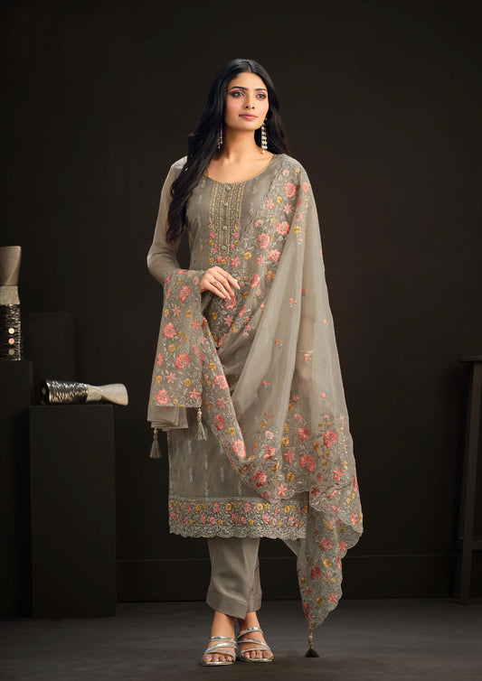 Grey Embroidered Organza Straight Suit