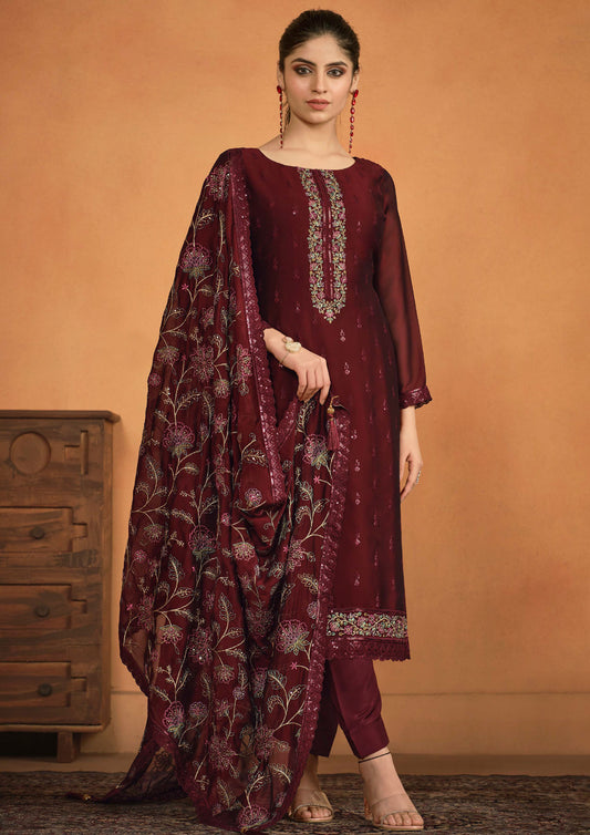 Traditional Maroon Color Embroidered Georgette Suit
