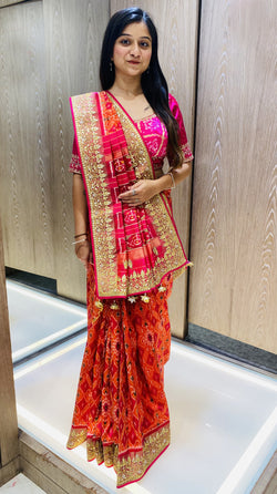 Red And Orange Color Patola Silk Gota Patti Work Saree