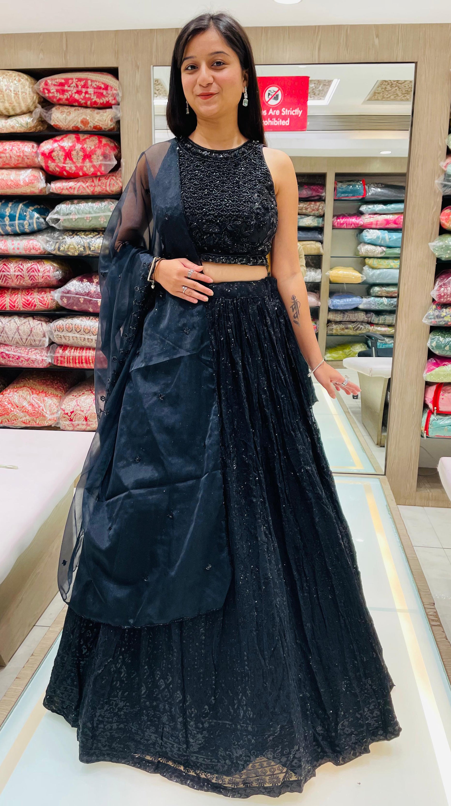 Black Color Net And Organza Thread Sequins Work Lehenga