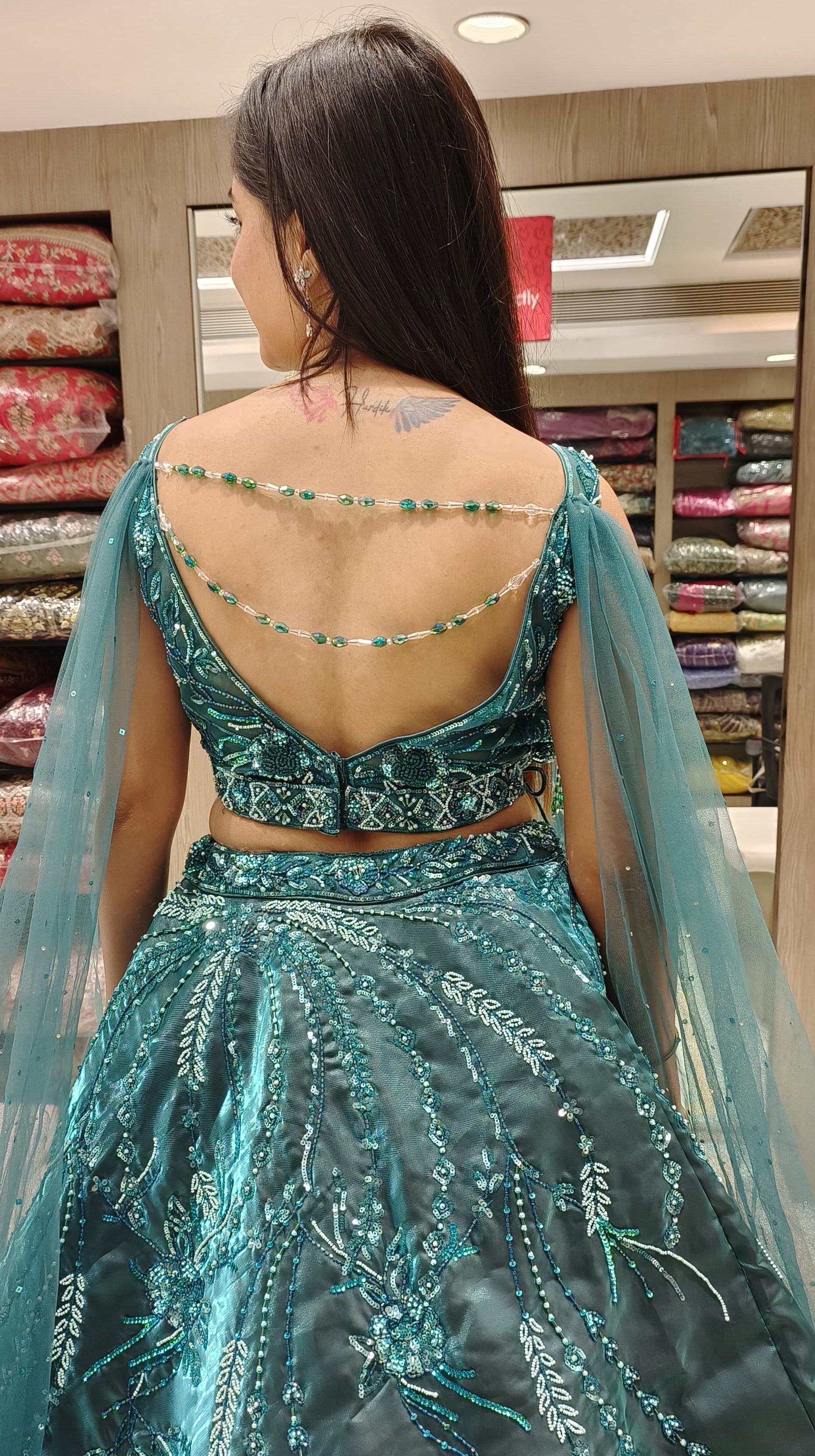 Dark Rama Color Organza Beads Work Fancy Lehenga Choli