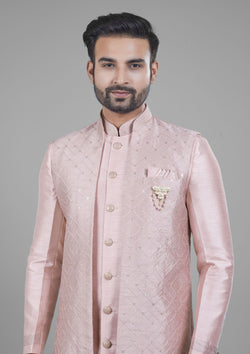 Pink Color Jacquard Silk Embroidered Indowestern