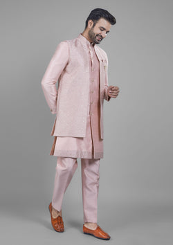 Pink Color Jacquard Silk Embroidered Indowestern