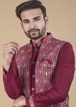 Burgundy Color Jacquard Silk Embroidered Indo western