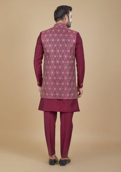 Burgundy Color Jacquard Silk Embroidered Indo western