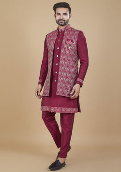 Burgundy Color Jacquard Silk Embroidered Indo western