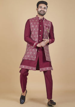 Burgundy Color Jacquard Silk Embroidered Indo western