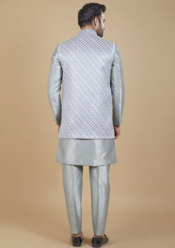 Stunning Grey Color Jacquard Silk Embroidered Indo western