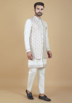 White Color Jacquard Silk Embroidered Indo western