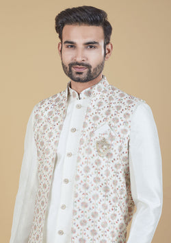 White Color Jacquard Silk Embroidered Indo western