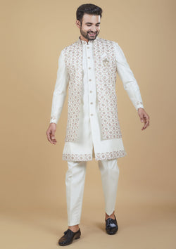 White Color Jacquard Silk Embroidered Indo western
