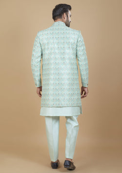 Sky Blue Color Jacquard Silk Embroidered Indo western