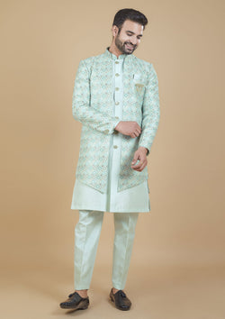 Sky Blue Color Jacquard Silk Embroidered Indo western