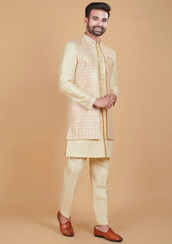 Cream Color Jacquard Silk Kurta With Long Jacket Men's Wear