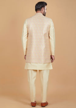 Cream Color Jacquard Silk Kurta With Long Jacket Men's Wear