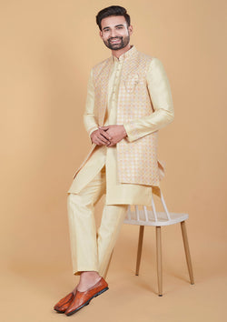 Cream Color Jacquard Silk Kurta With Long Jacket Men's Wear