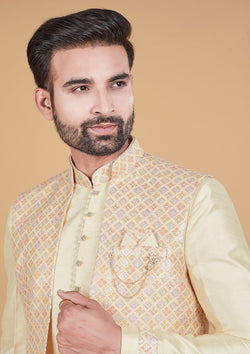 Cream Color Jacquard Silk Kurta With Long Jacket Men's Wear