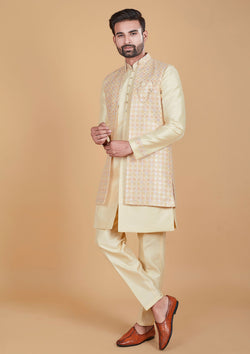 Cream Color Jacquard Silk Kurta With Long Jacket Men's Wear
