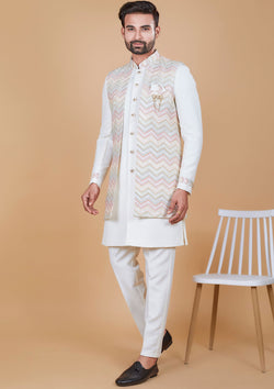 Off White Color Jacquard Silk With Multi Color Long Jacket Men's Wear