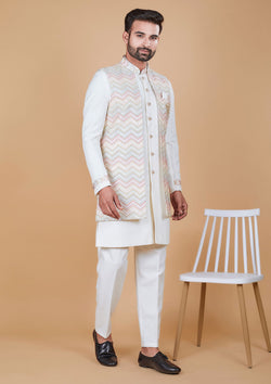 Off White Color Jacquard Silk With Multi Color Long Jacket Men's Wear