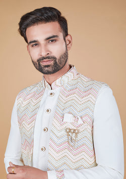 Off White Color Jacquard Silk With Multi Color Long Jacket Men's Wear