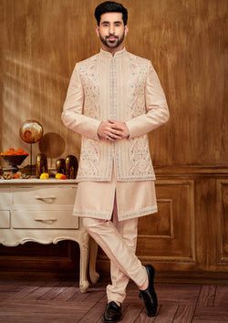 Men's Pink Embroidered Jacket and Indo Western Set