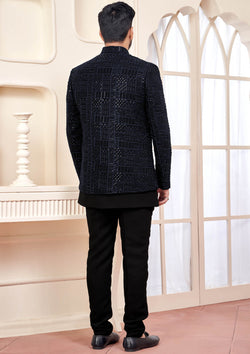 Elegant Black Jodhpuri Set With Shimmery Embroidery For Men